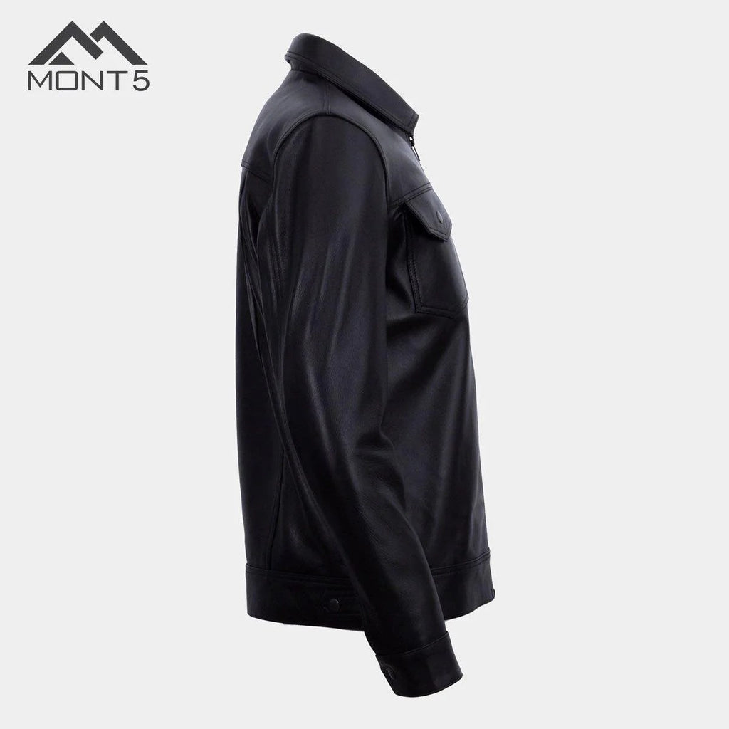 MONT5  Diran Men Black Classic Leather Jacket with Shirt Collar