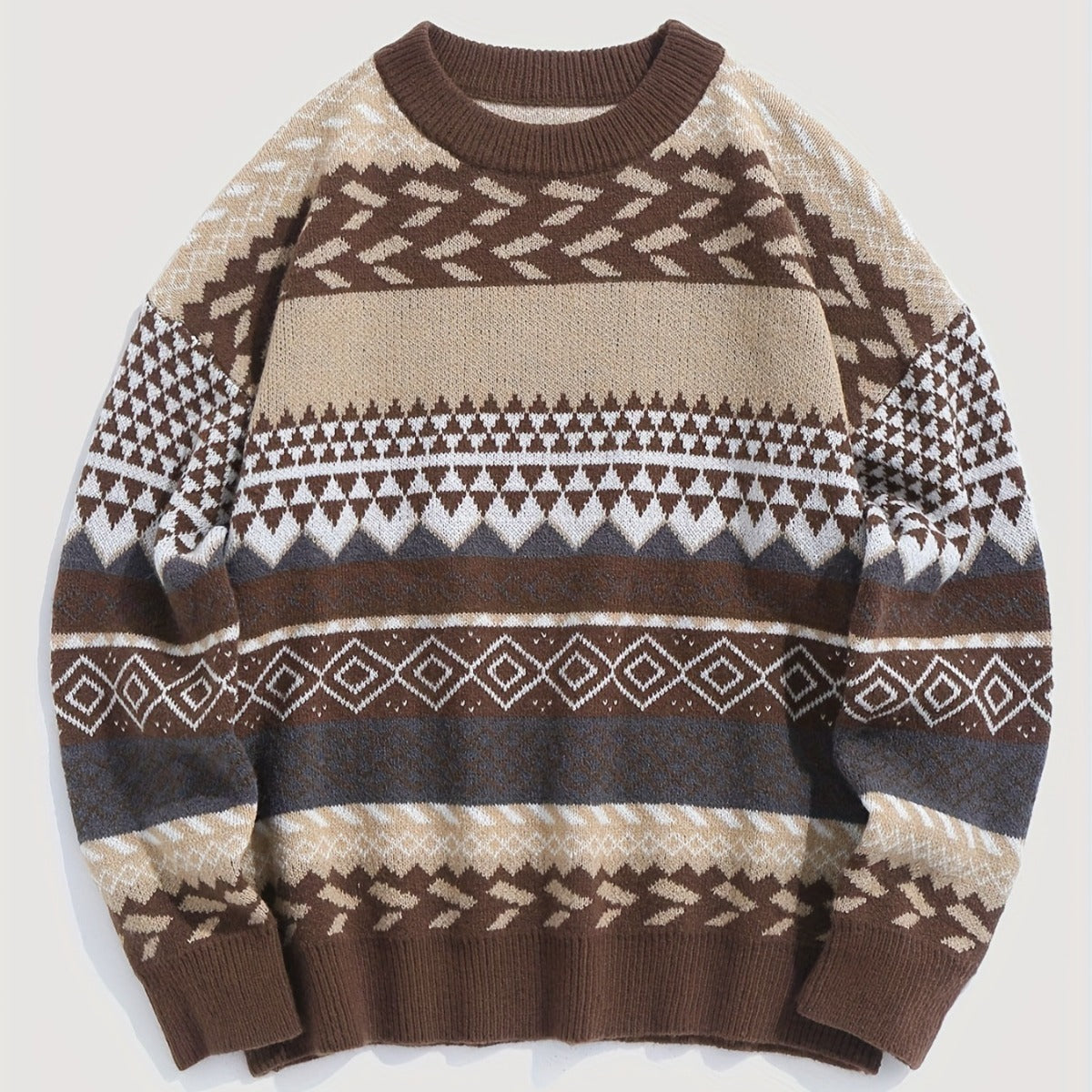 Pullover Round Neck Long Sleeves Contrast Color Diamond Patterns Sweater