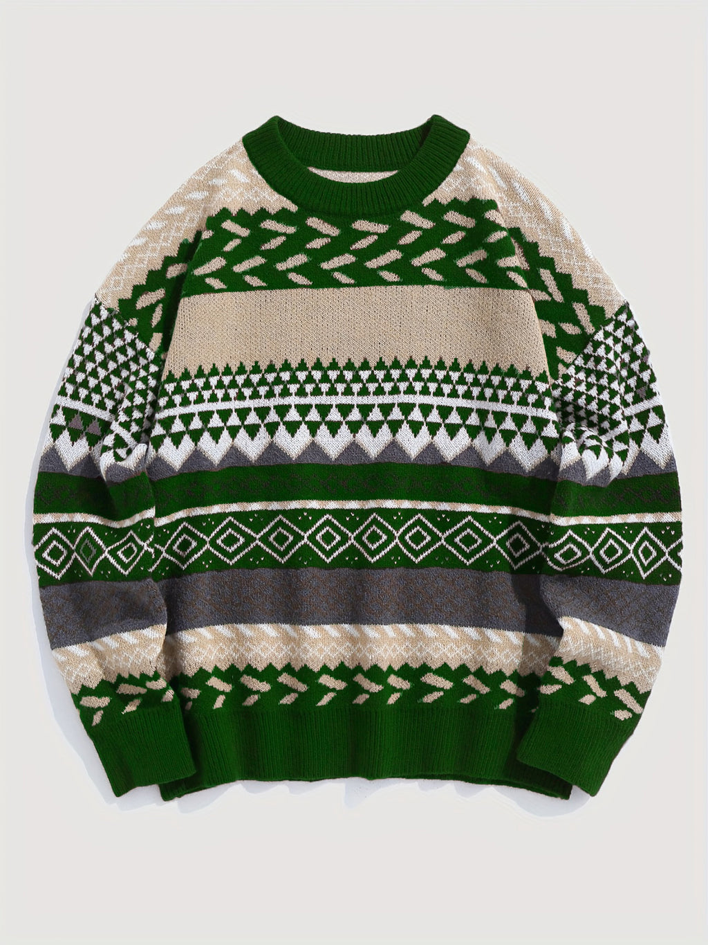 Pullover Round Neck Long Sleeves Contrast Color Diamond Patterns Sweater
