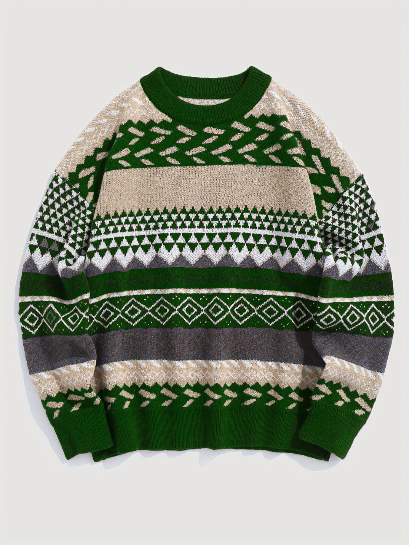 Pullover Round Neck Long Sleeves Contrast Color Diamond Patterns Sweater