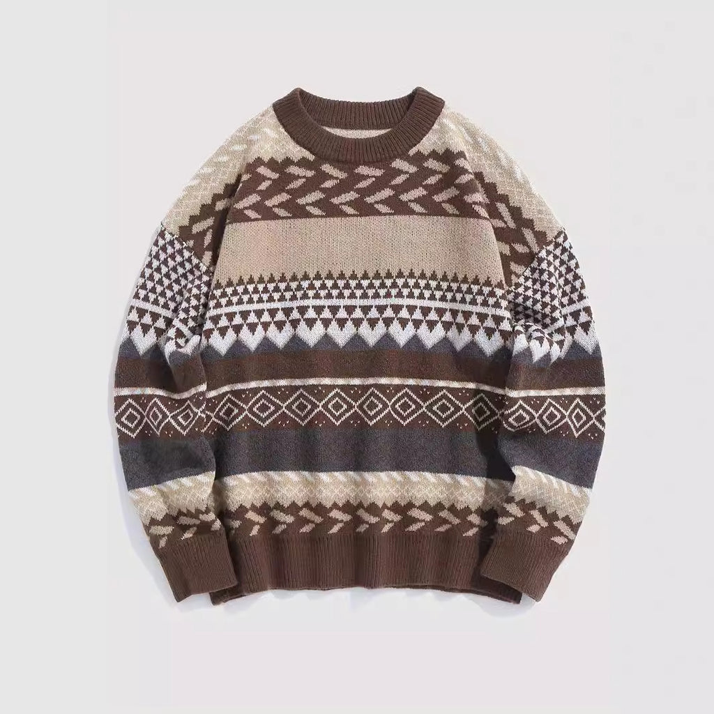 Pullover Round Neck Long Sleeves Contrast Color Diamond Patterns Sweater