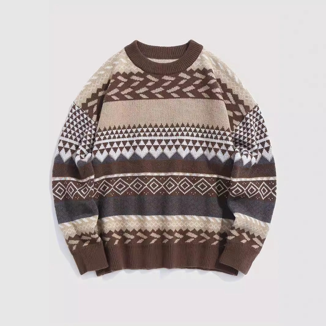 Pullover Round Neck Long Sleeves Contrast Color Diamond Patterns Sweater