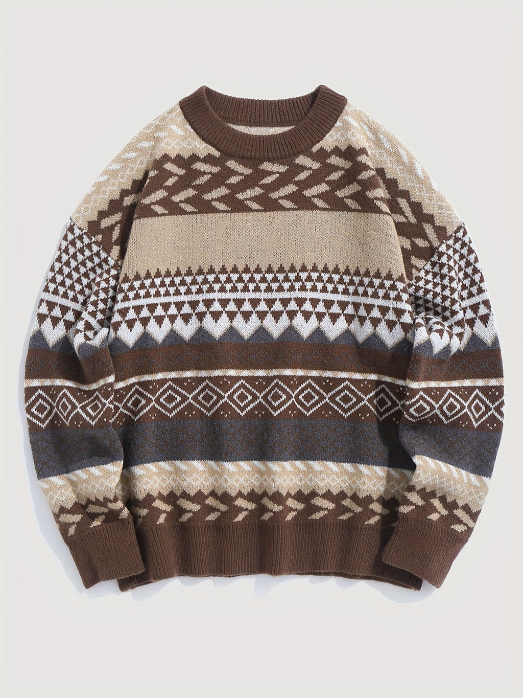 Pullover Round Neck Long Sleeves Contrast Color Diamond Patterns Sweater
