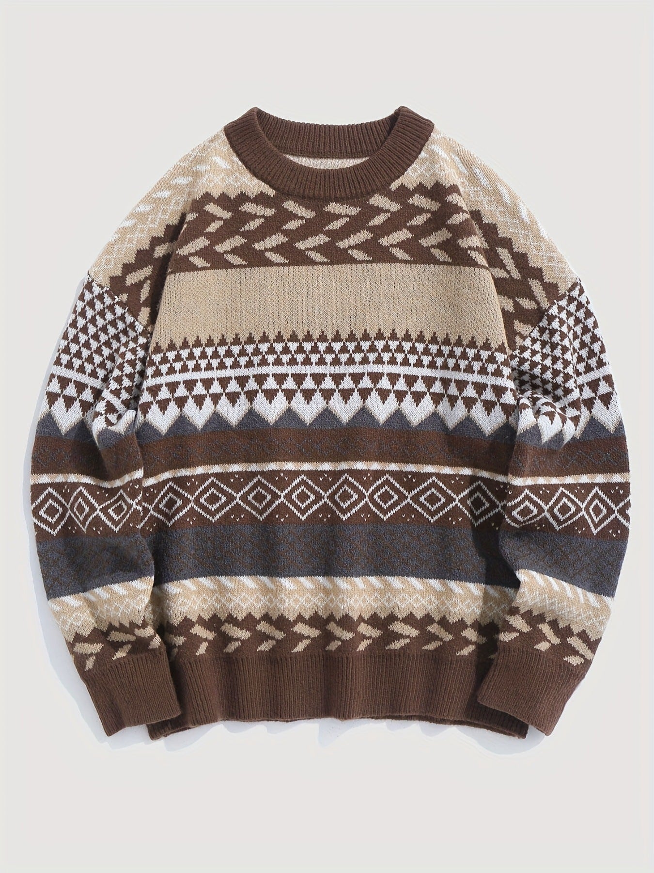 Pullover Round Neck Long Sleeves Contrast Color Diamond Patterns Sweater