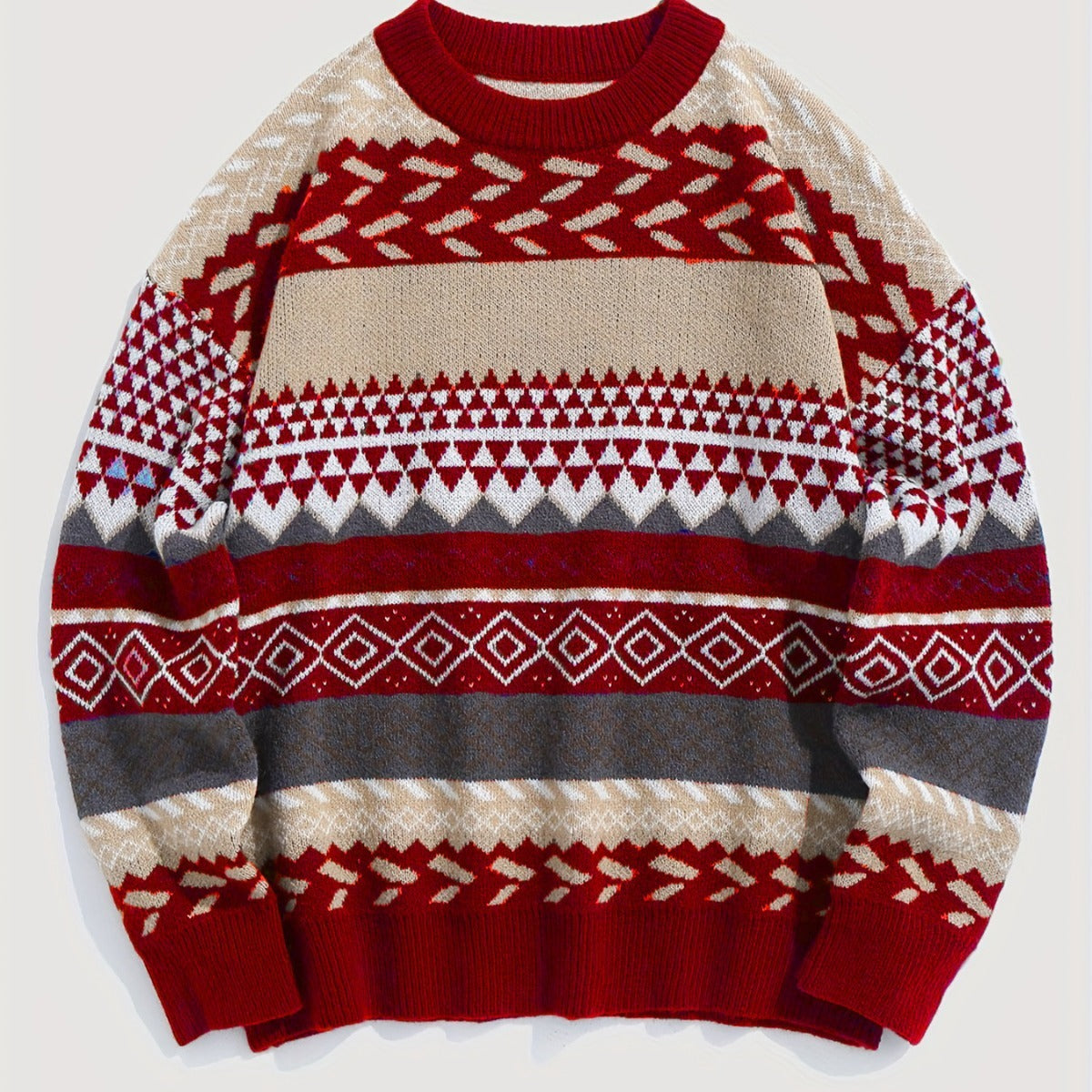 Pullover Round Neck Long Sleeves Contrast Color Diamond Patterns Sweater