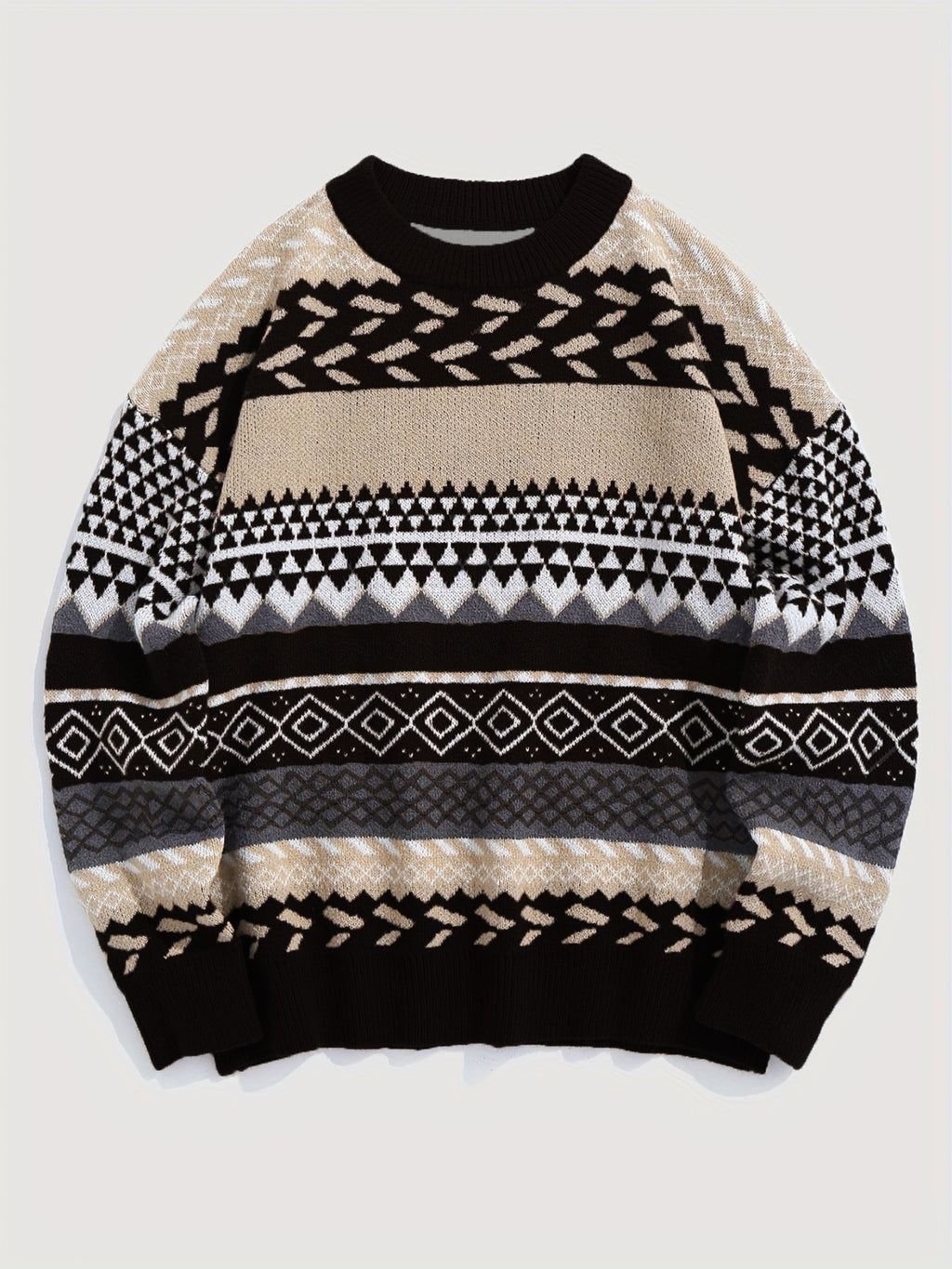 Pullover Round Neck Long Sleeves Contrast Color Diamond Patterns Sweater
