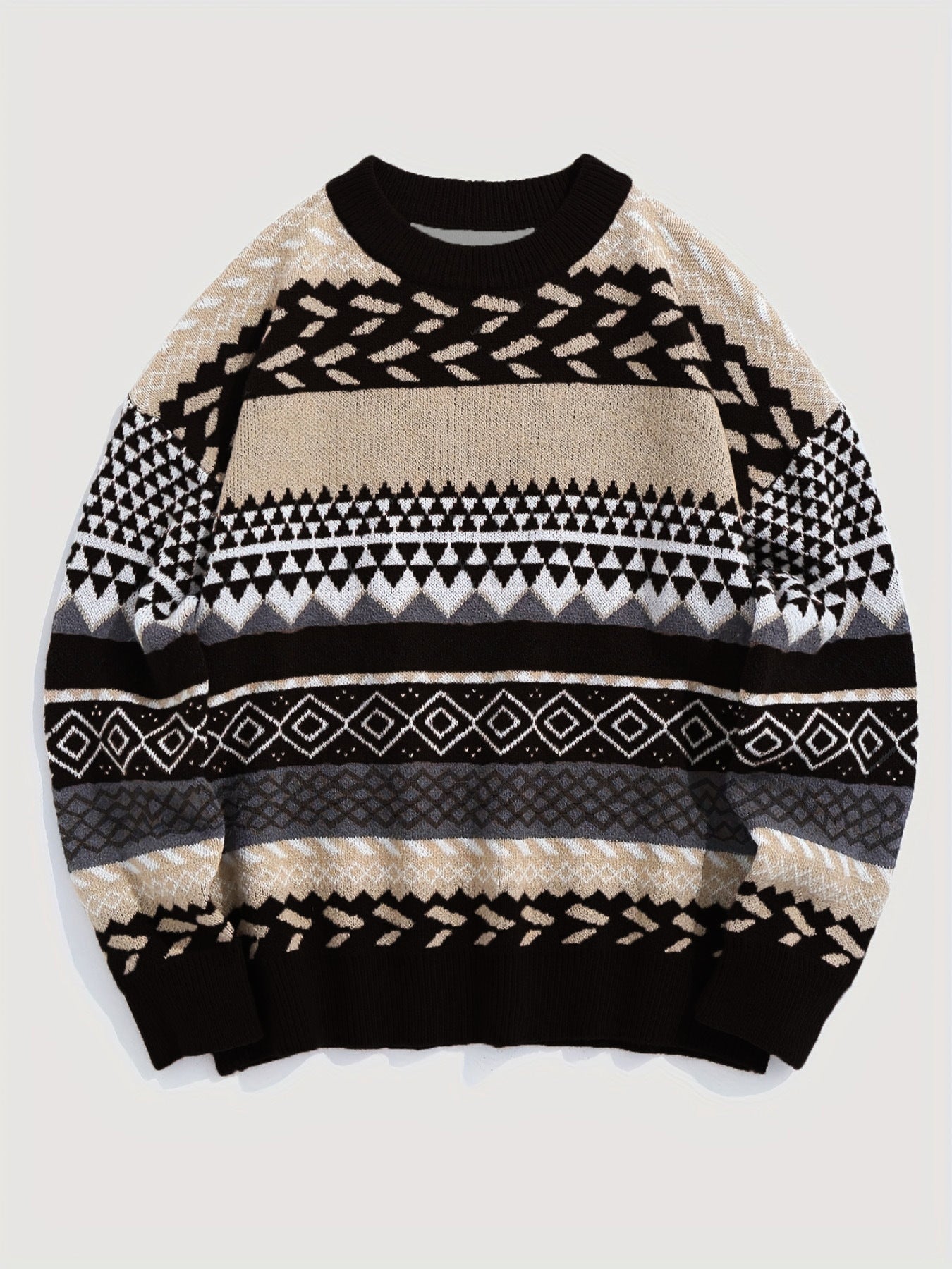 Pullover Round Neck Long Sleeves Contrast Color Diamond Patterns Sweater